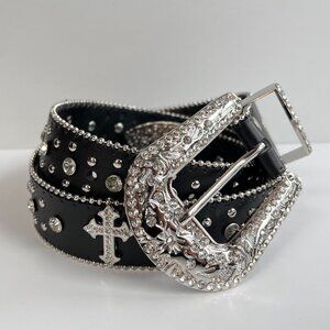 y2k 2000s vintage black chrome cross studded goth emo black belt